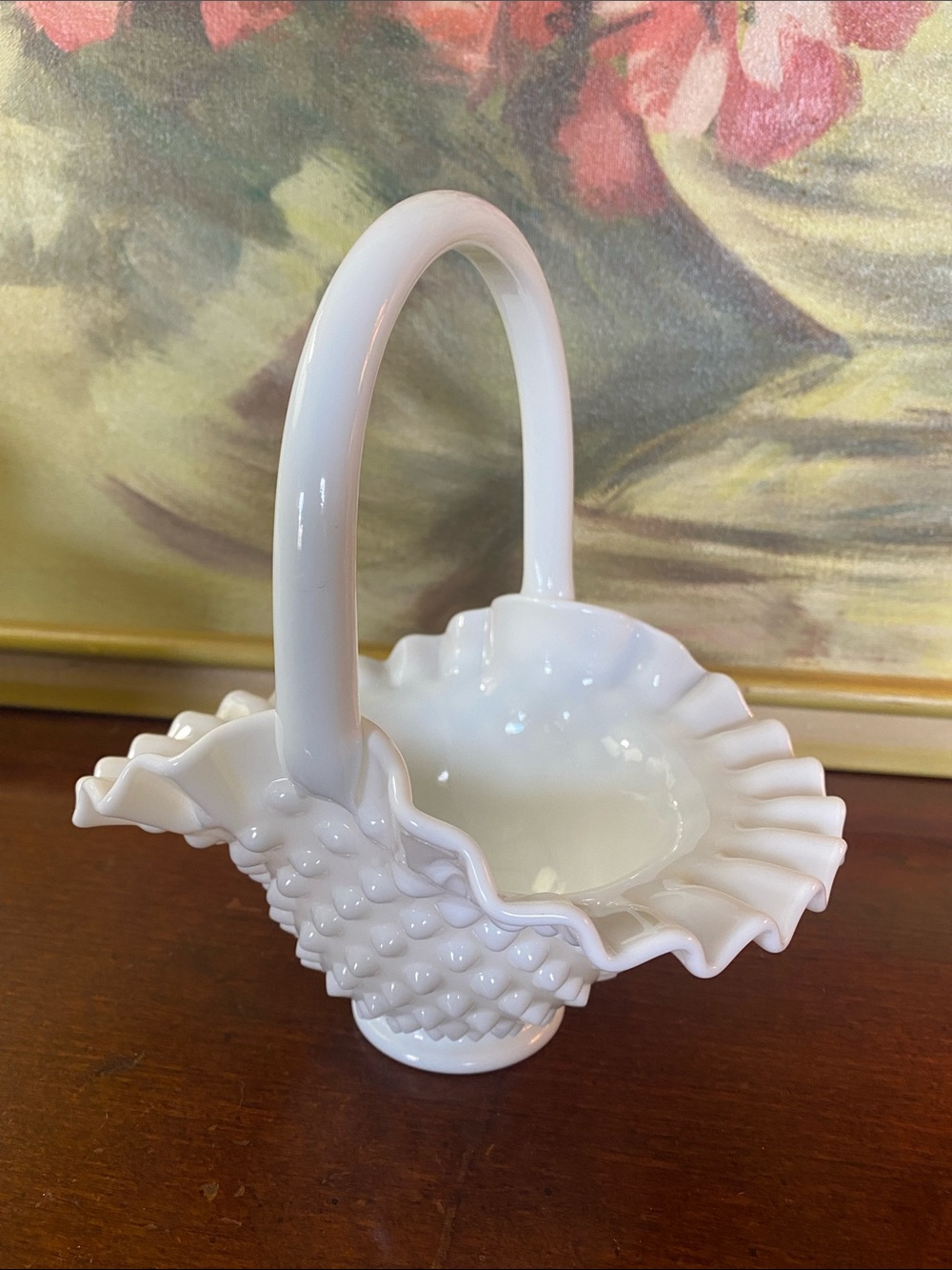 Vintage Fenton Hobnail Milk Glass Ruffle Basket